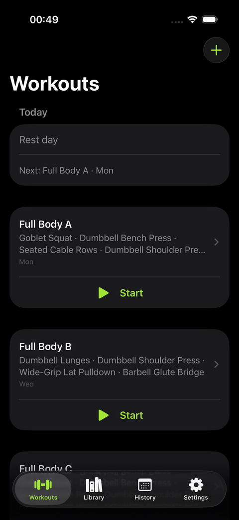 SteadyGym iOS workouts screen with scheduled full body routines